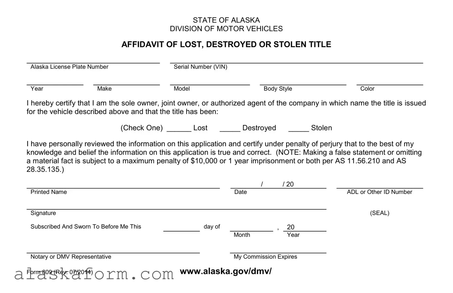 Fill in a Valid Alaska 809 Template