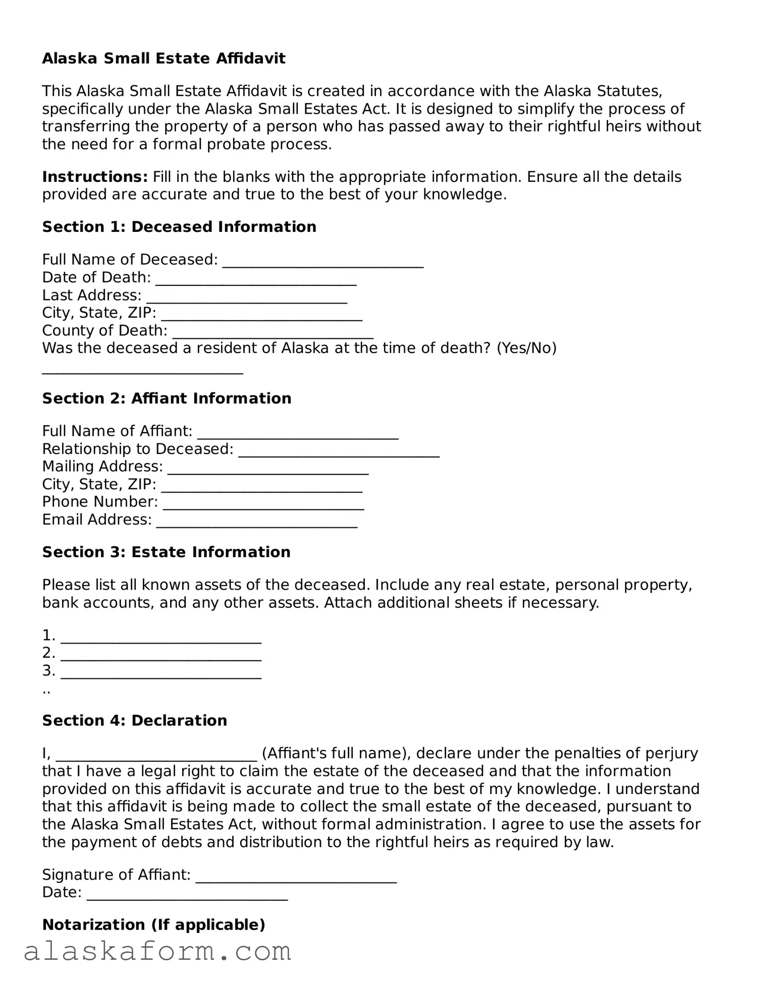 Printable Small Estate Affidavit Document for Alaska State