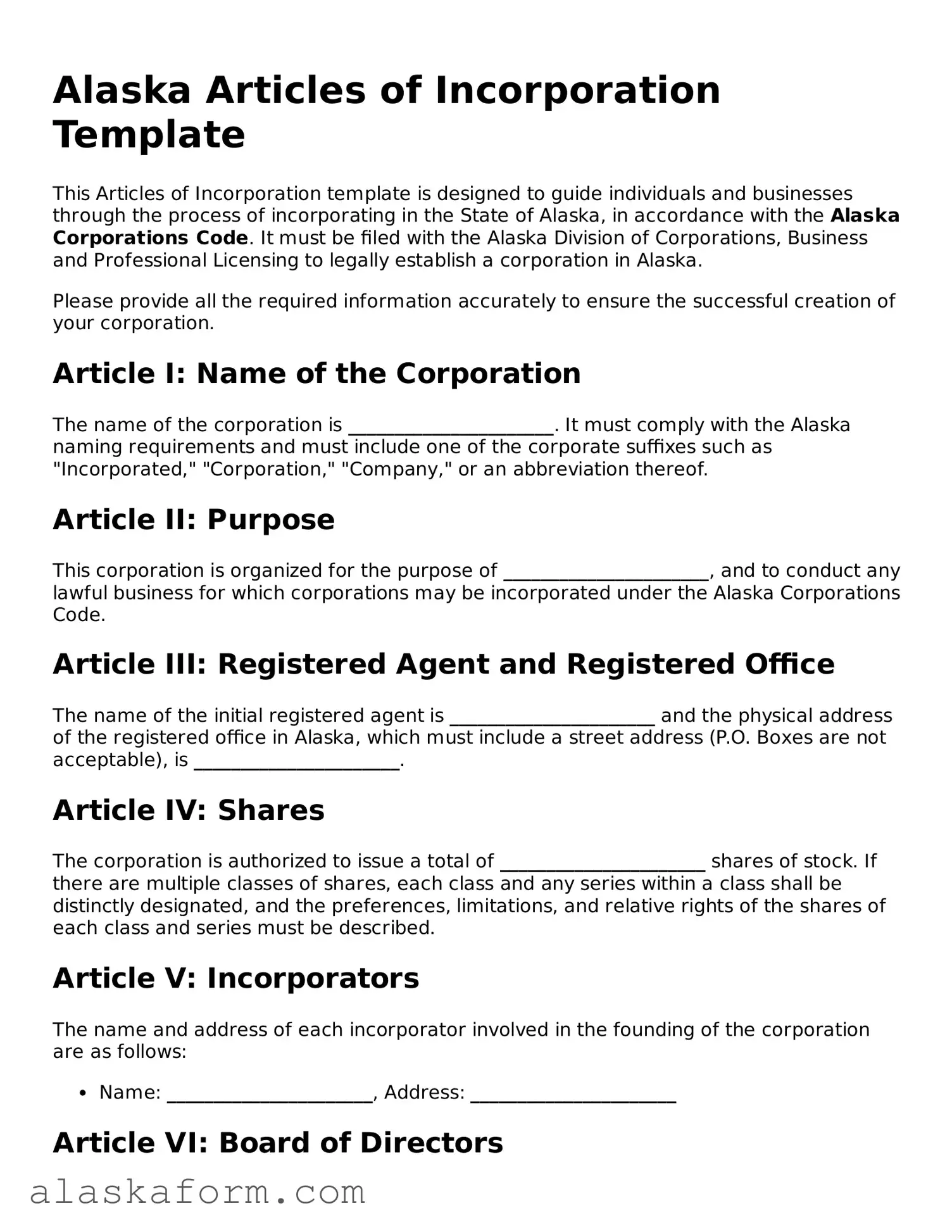 Printable Articles of Incorporation Document for Alaska State