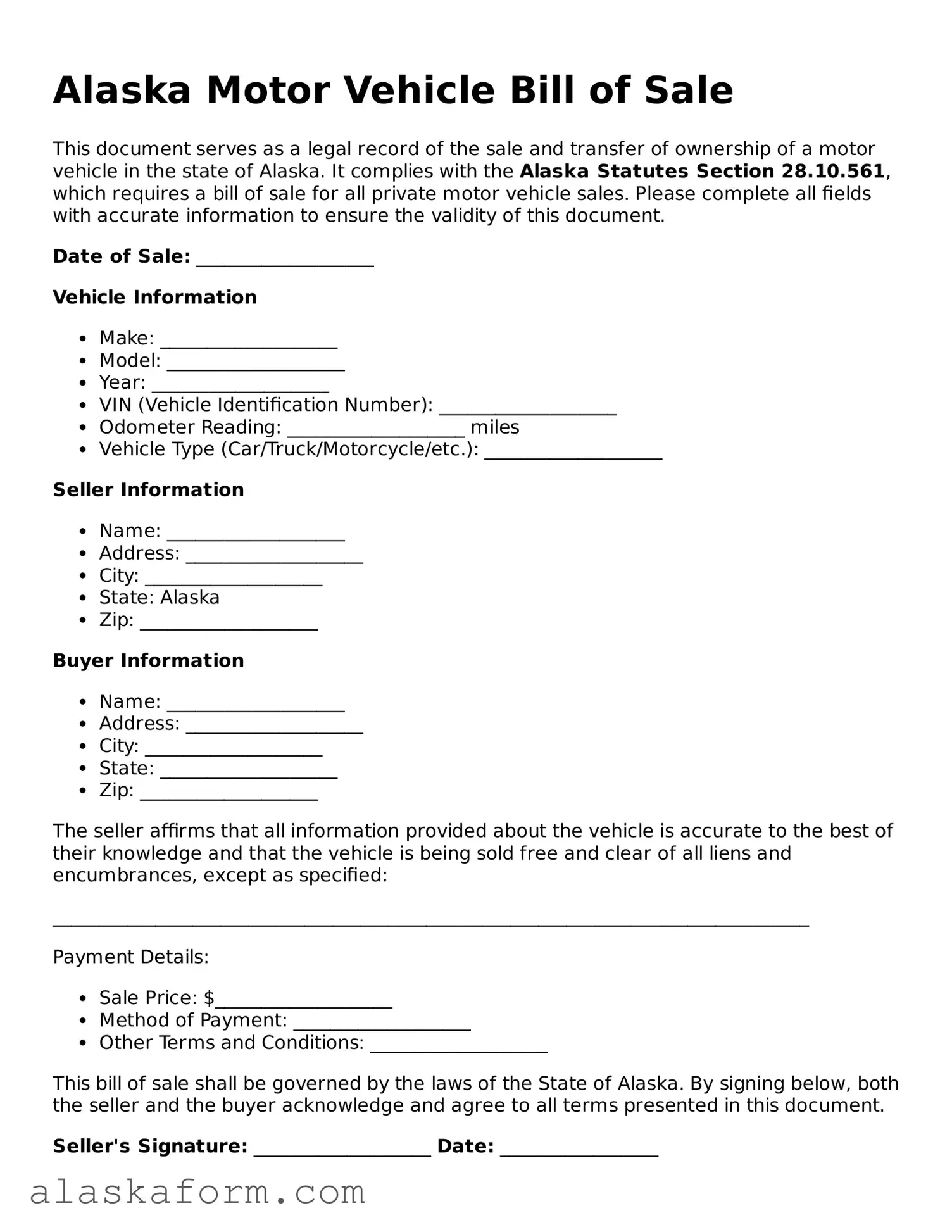 Printable Motor Vehicle Bill of Sale Document for Alaska State