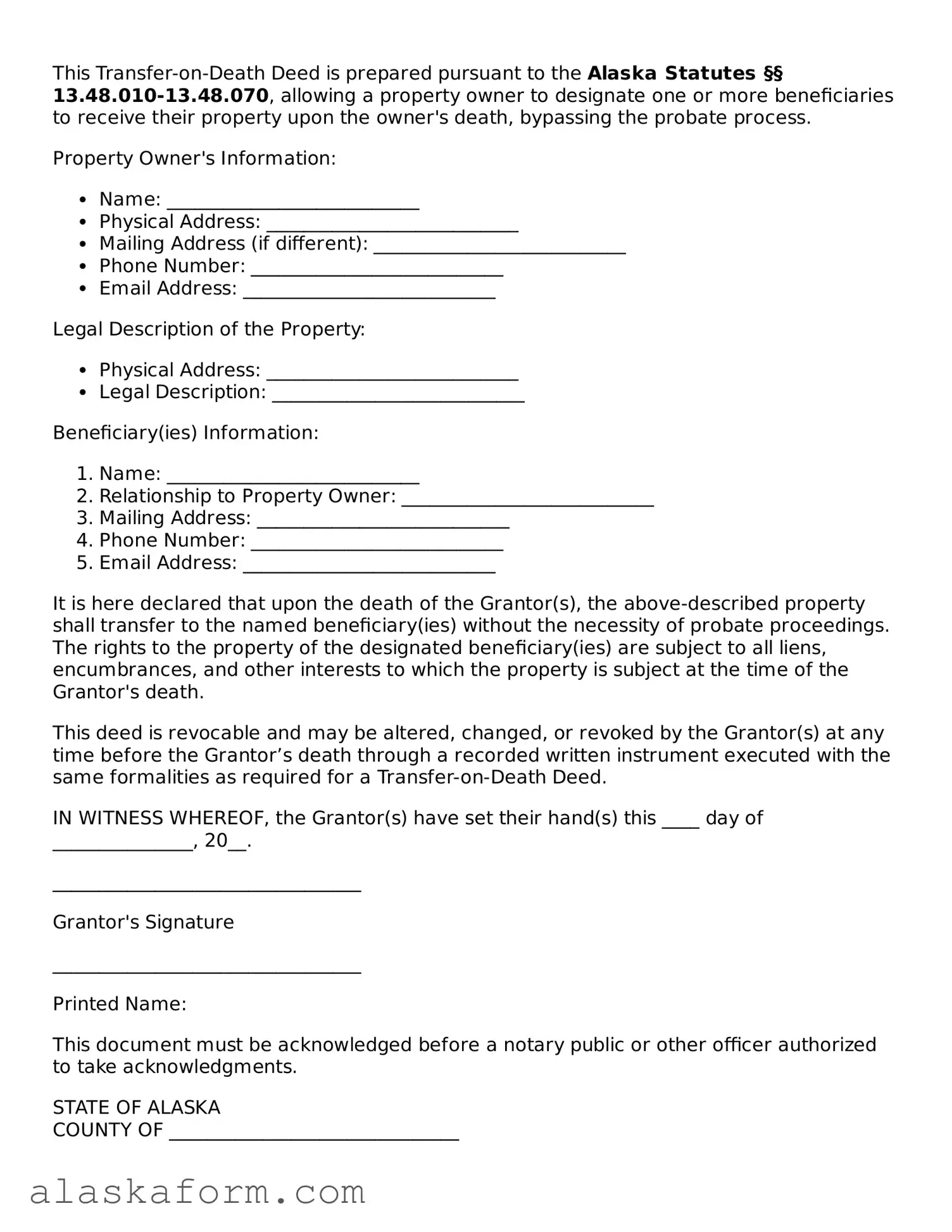 Printable Transfer-on-Death Deed Document for Alaska State