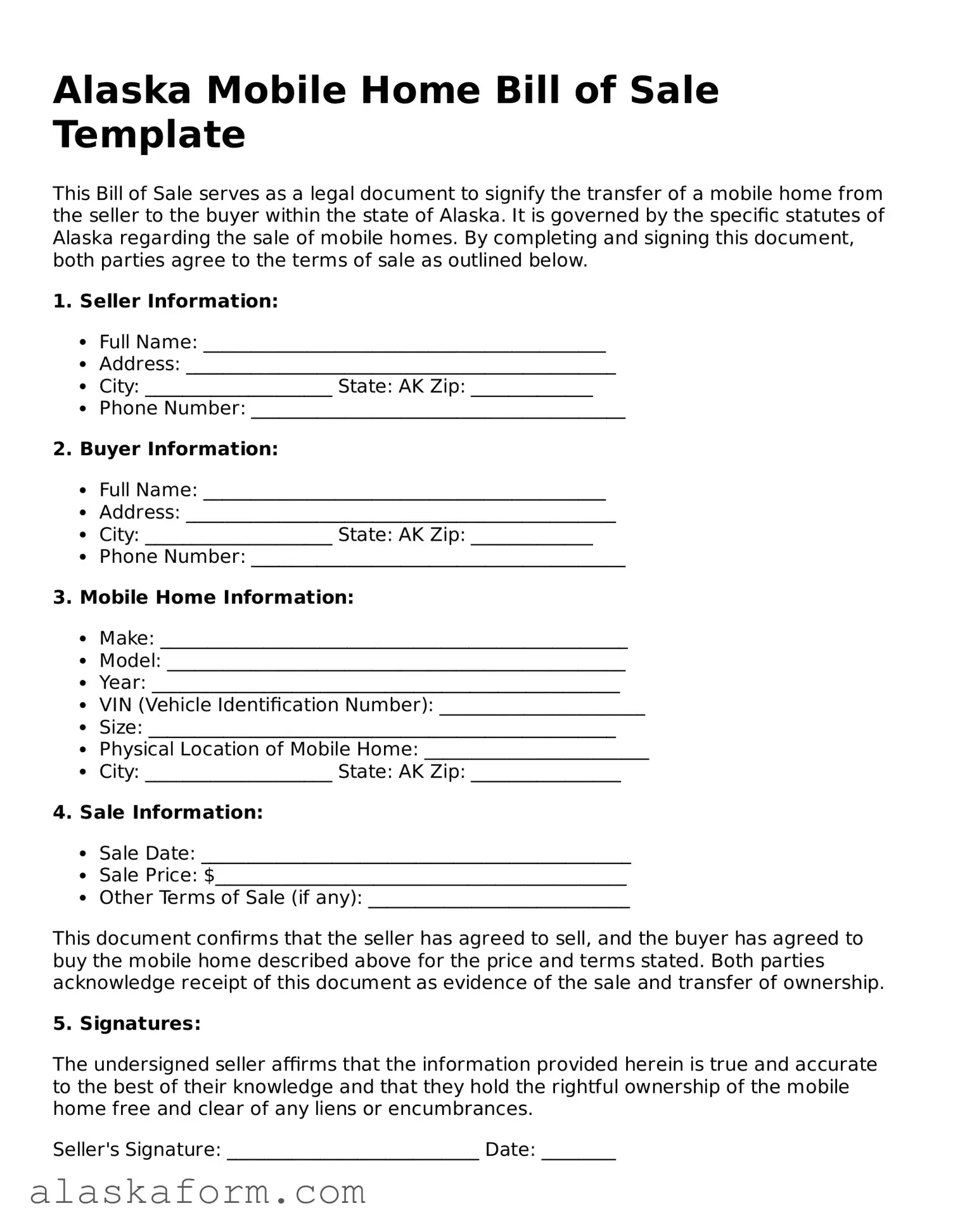 Printable Mobile Home Bill of Sale Document for Alaska State