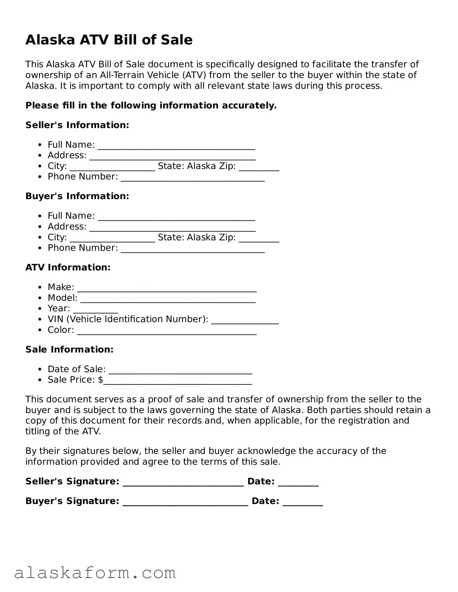 Printable ATV Bill of Sale Document for Alaska State