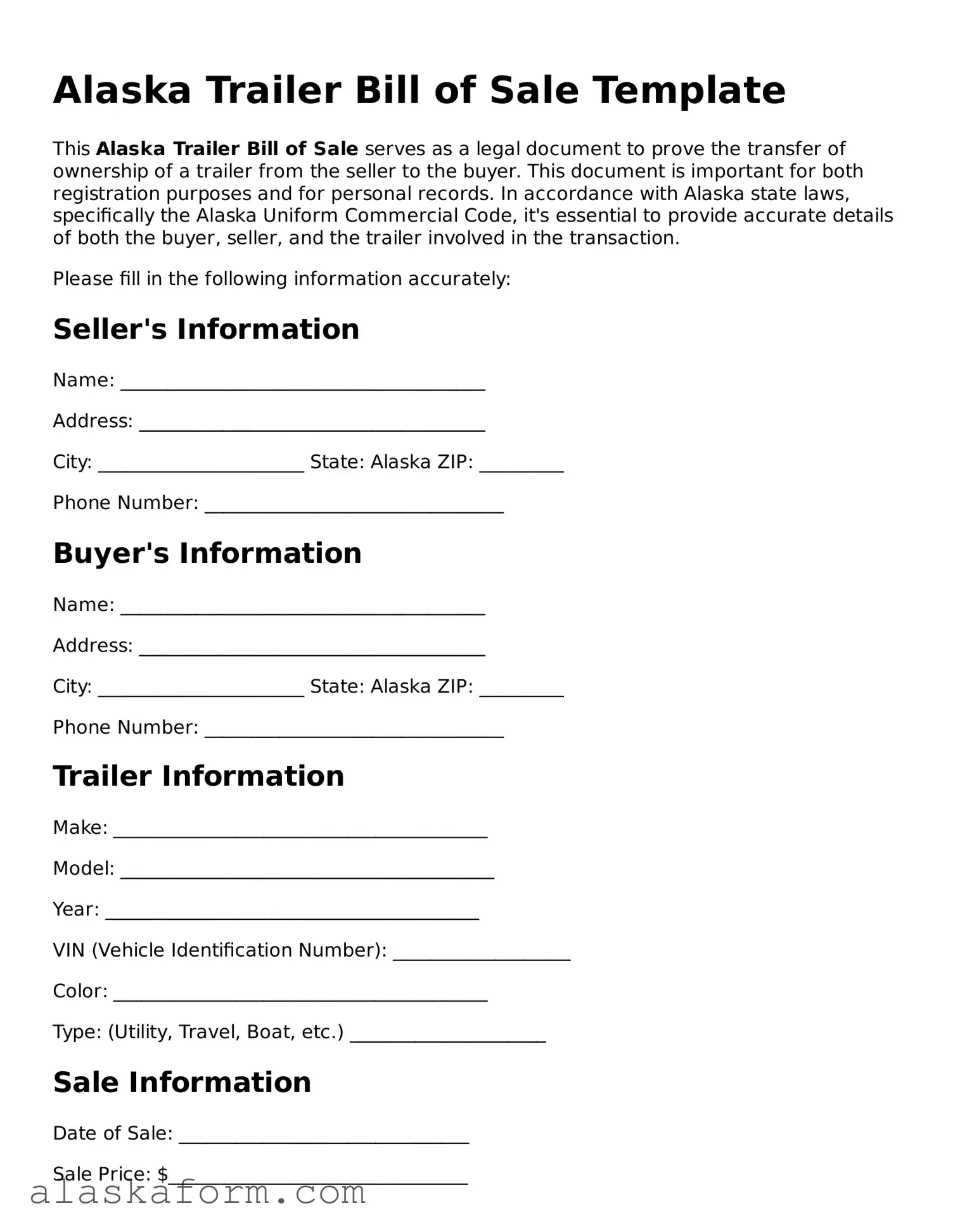 Printable Trailer Bill of Sale Document for Alaska State