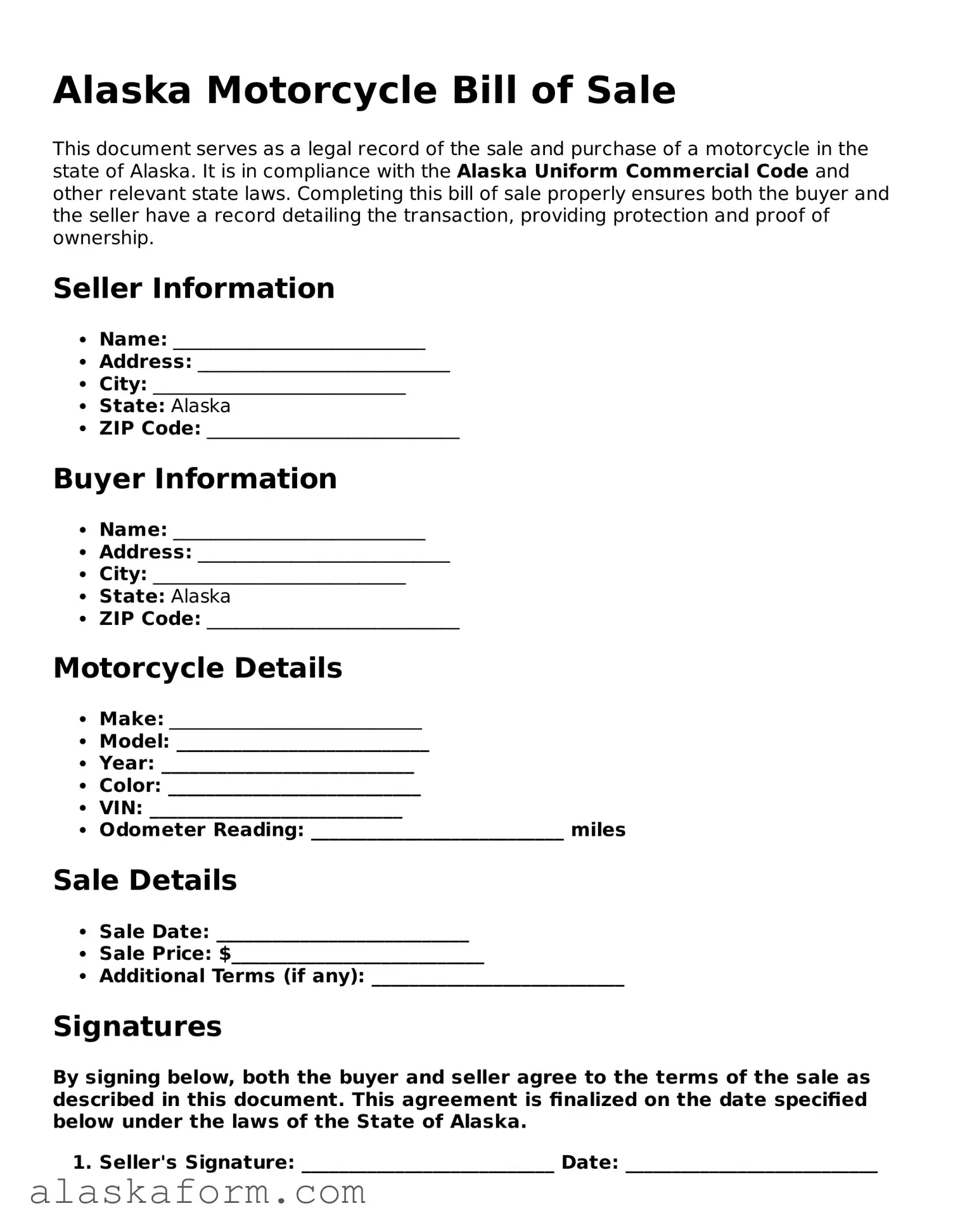 Printable Motorcycle Bill of Sale Document for Alaska State