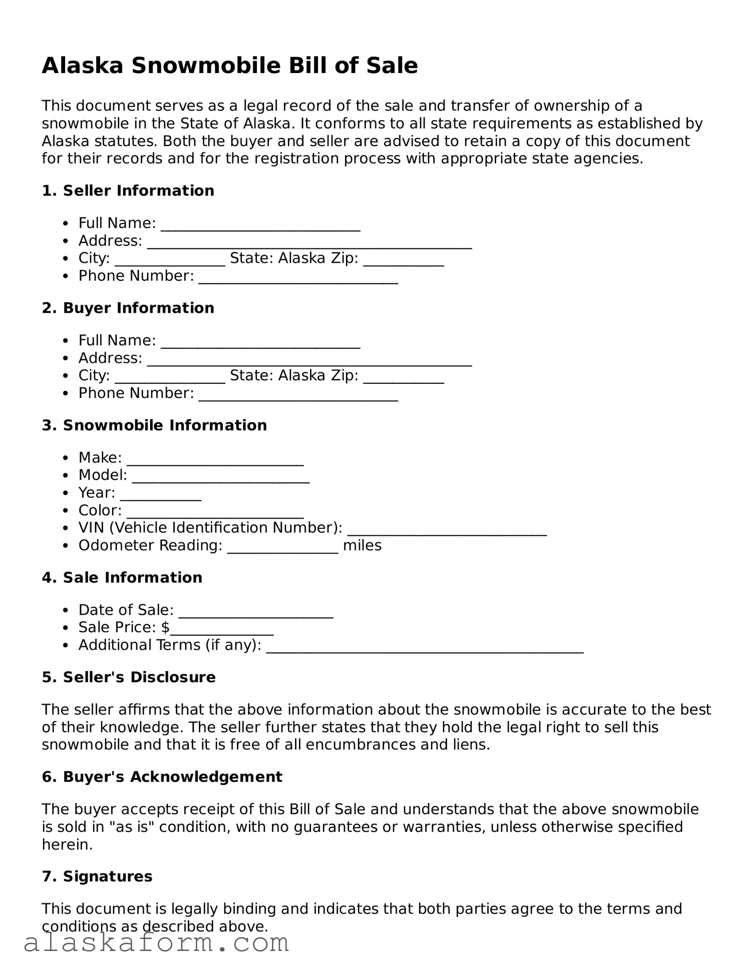 Printable Snowmobile Bill of Sale Document for Alaska State