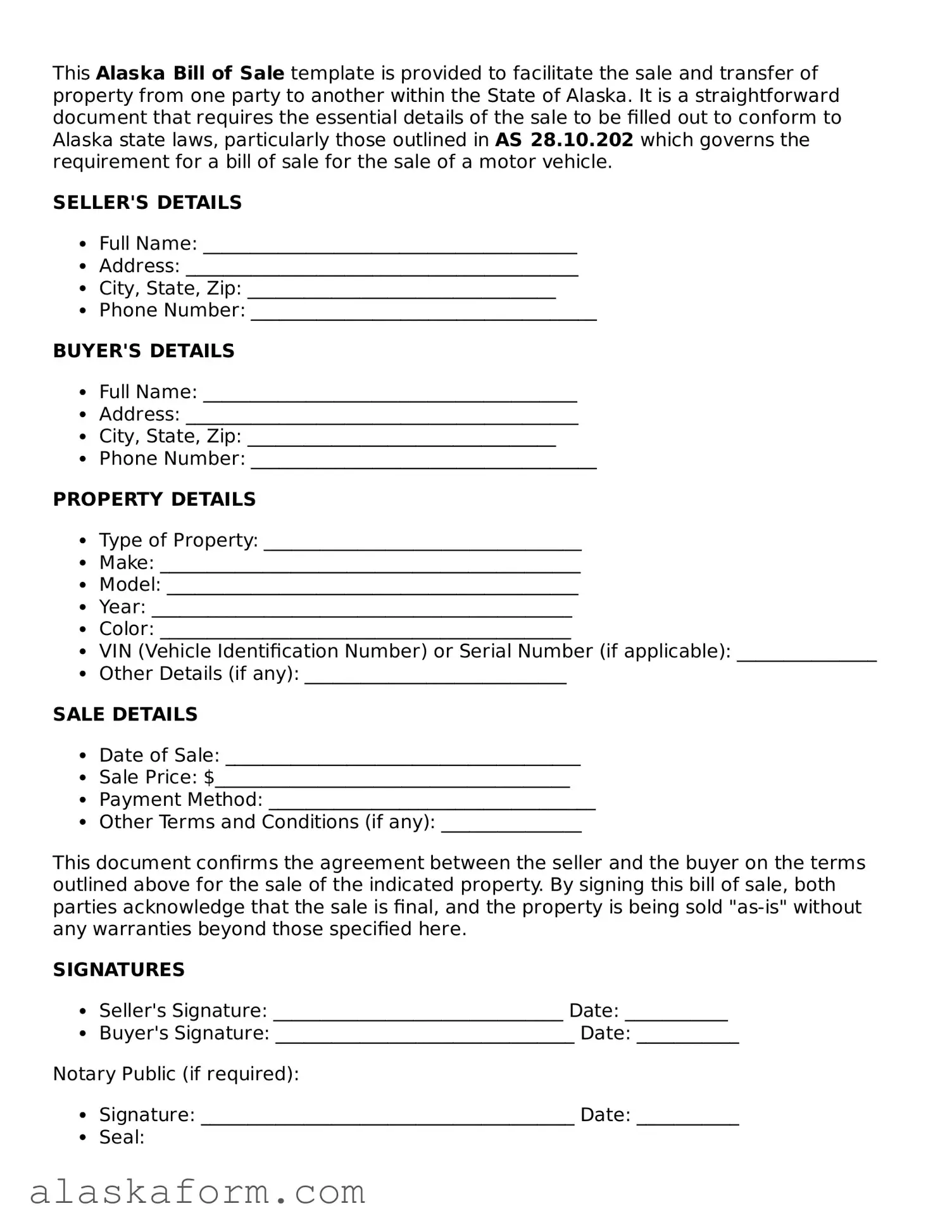 Printable Bill of Sale Document for Alaska State