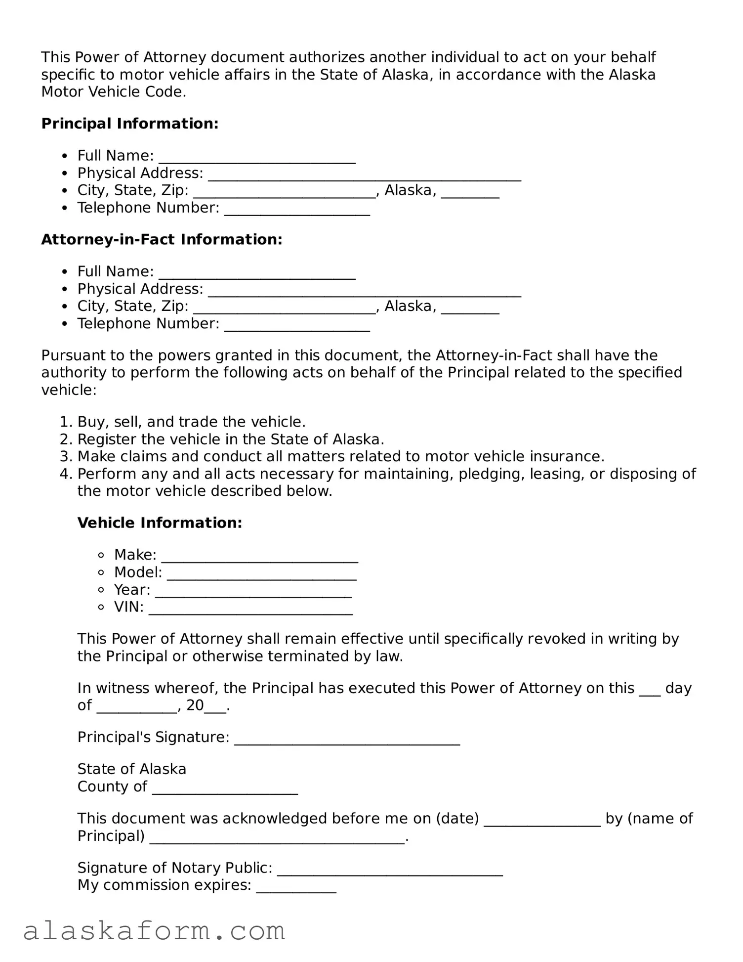 Printable Motor Vehicle Power of Attorney Document for Alaska State