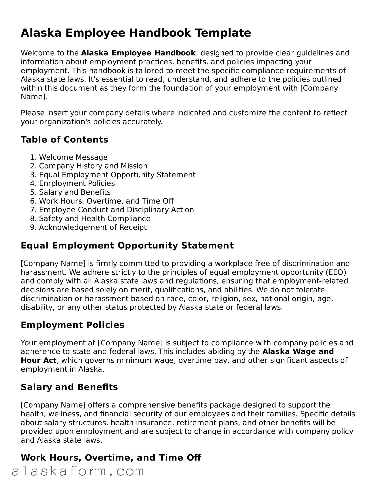 Printable Employee Handbook Document for Alaska State