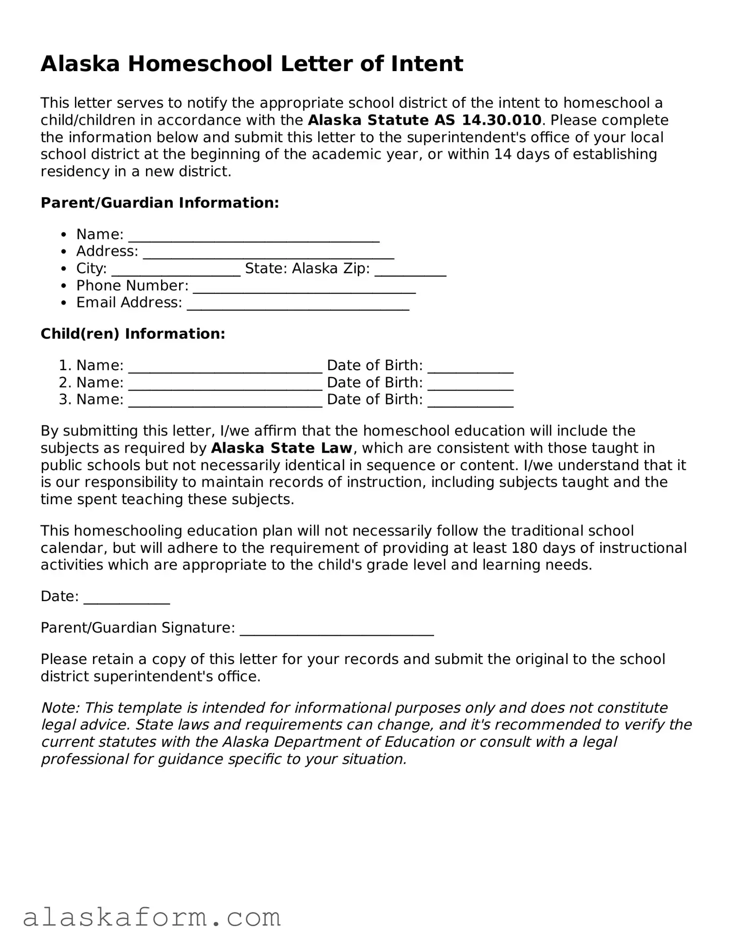 Printable Homeschool Letter of Intent Document for Alaska State