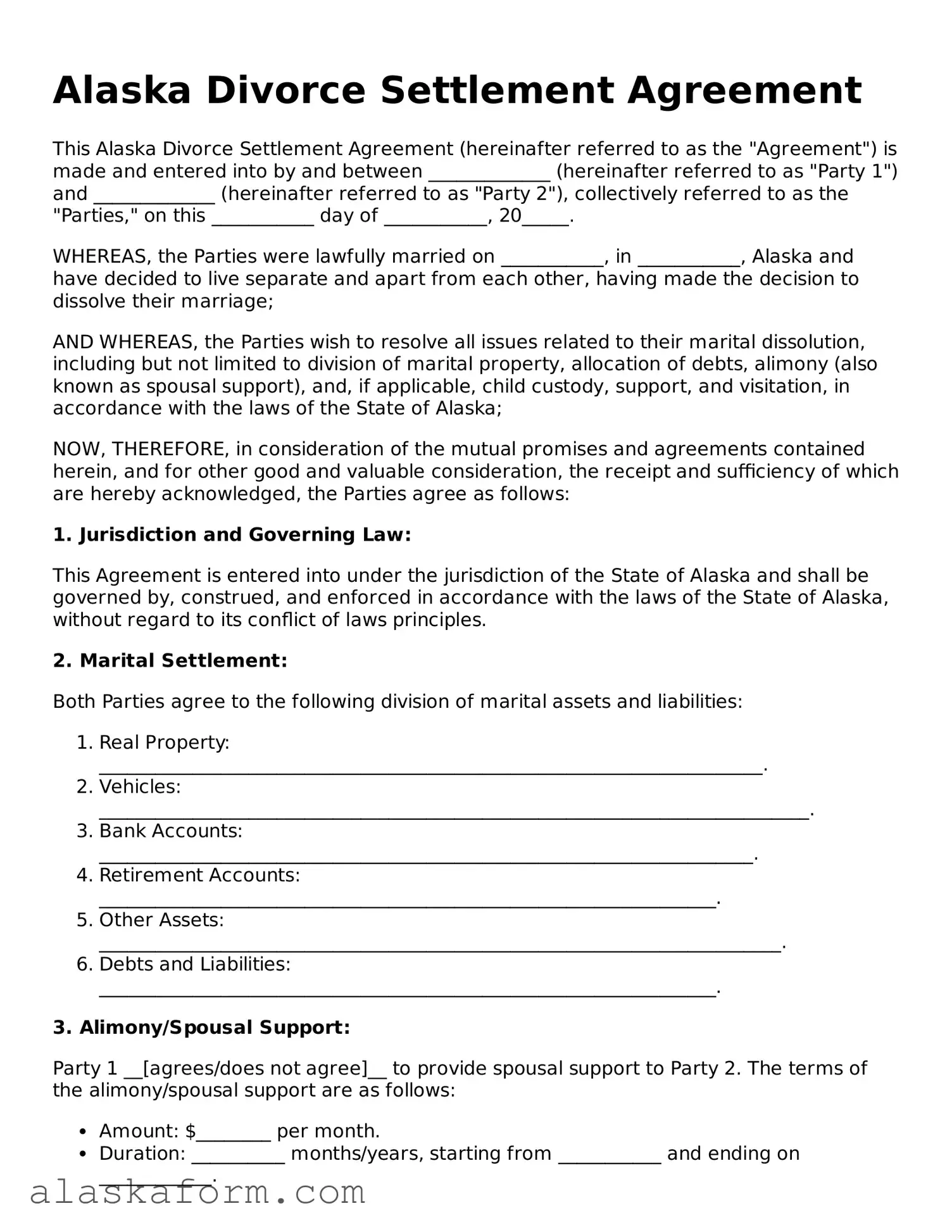 Printable Divorce Settlement Agreement Document for Alaska State