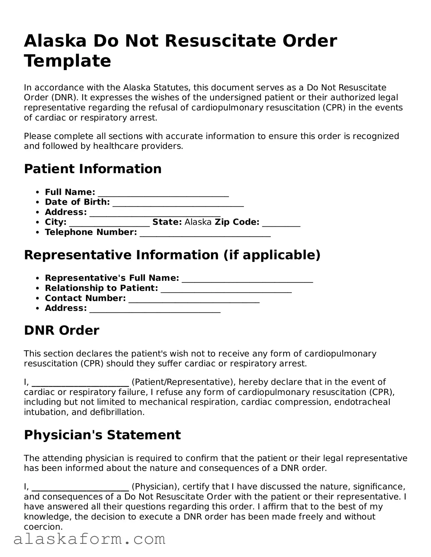 Printable Do Not Resuscitate Order Document for Alaska State