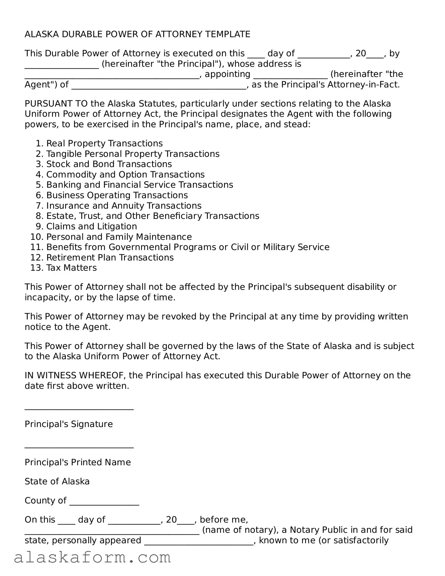 Printable Durable Power of Attorney Document for Alaska State