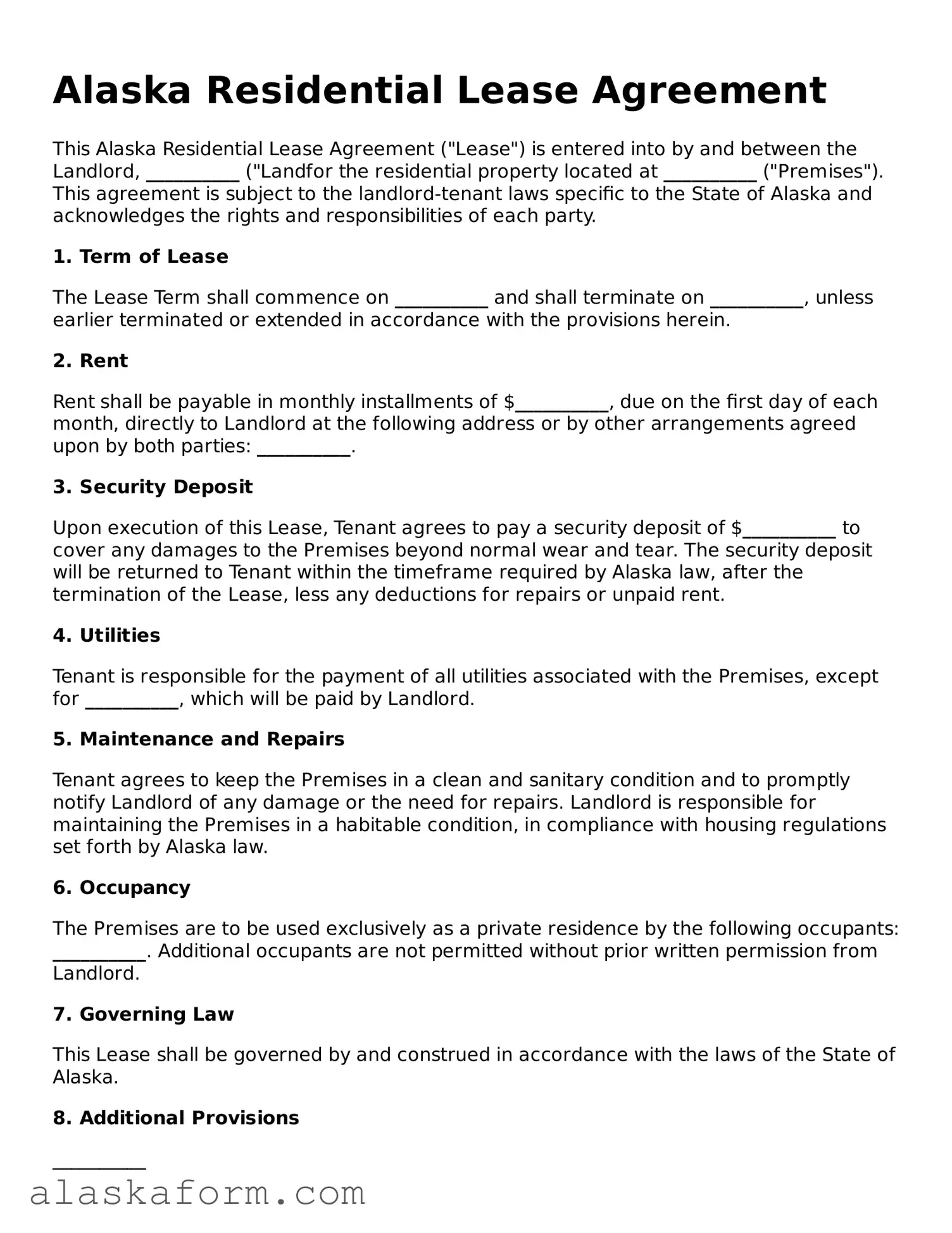 Printable Residential Lease Agreement Document for Alaska State