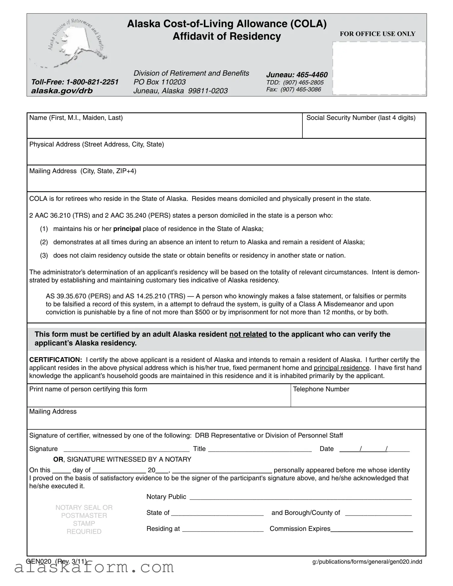 Fill in a Valid Alaska Gen020 Template