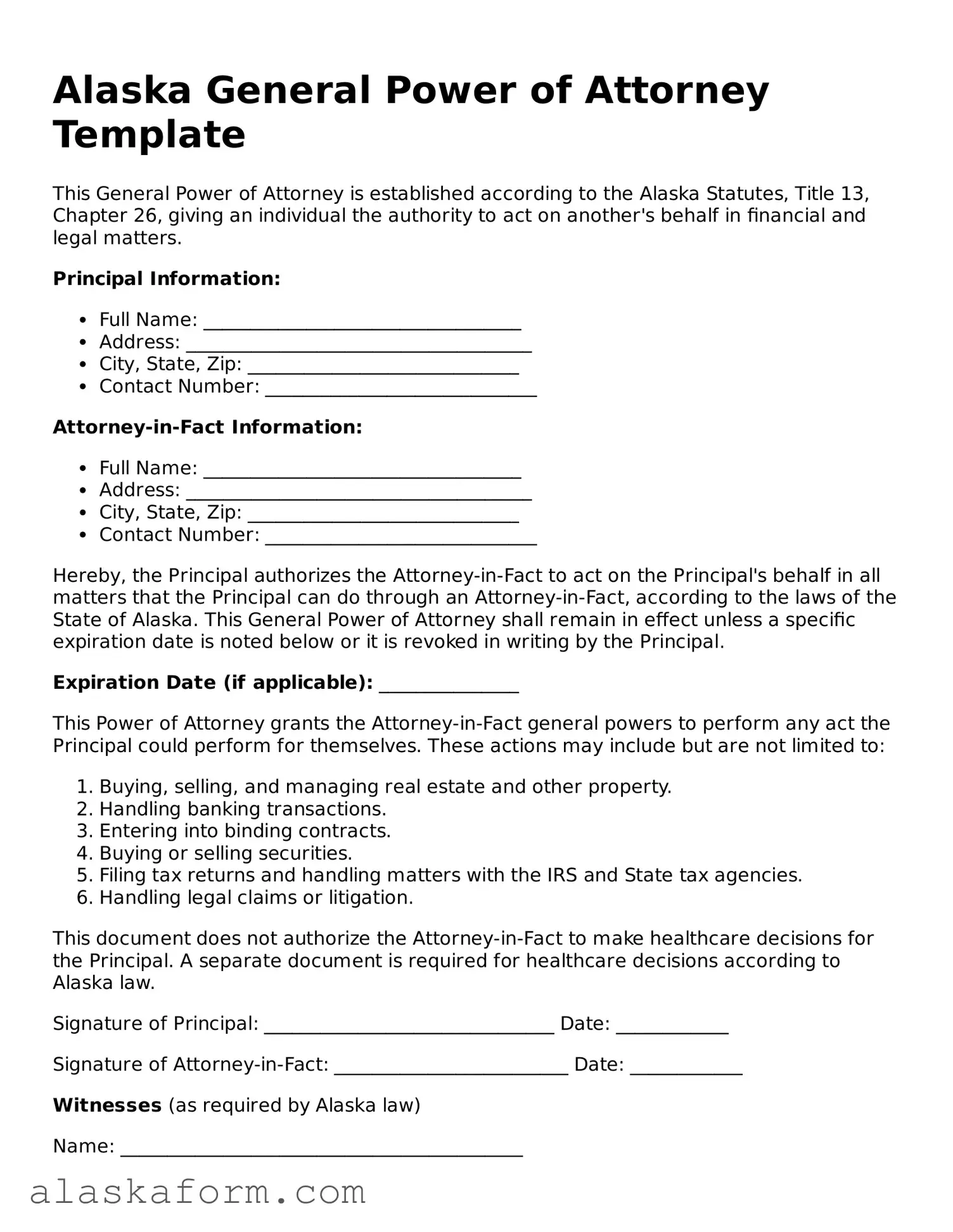 Printable General Power of Attorney Document for Alaska State