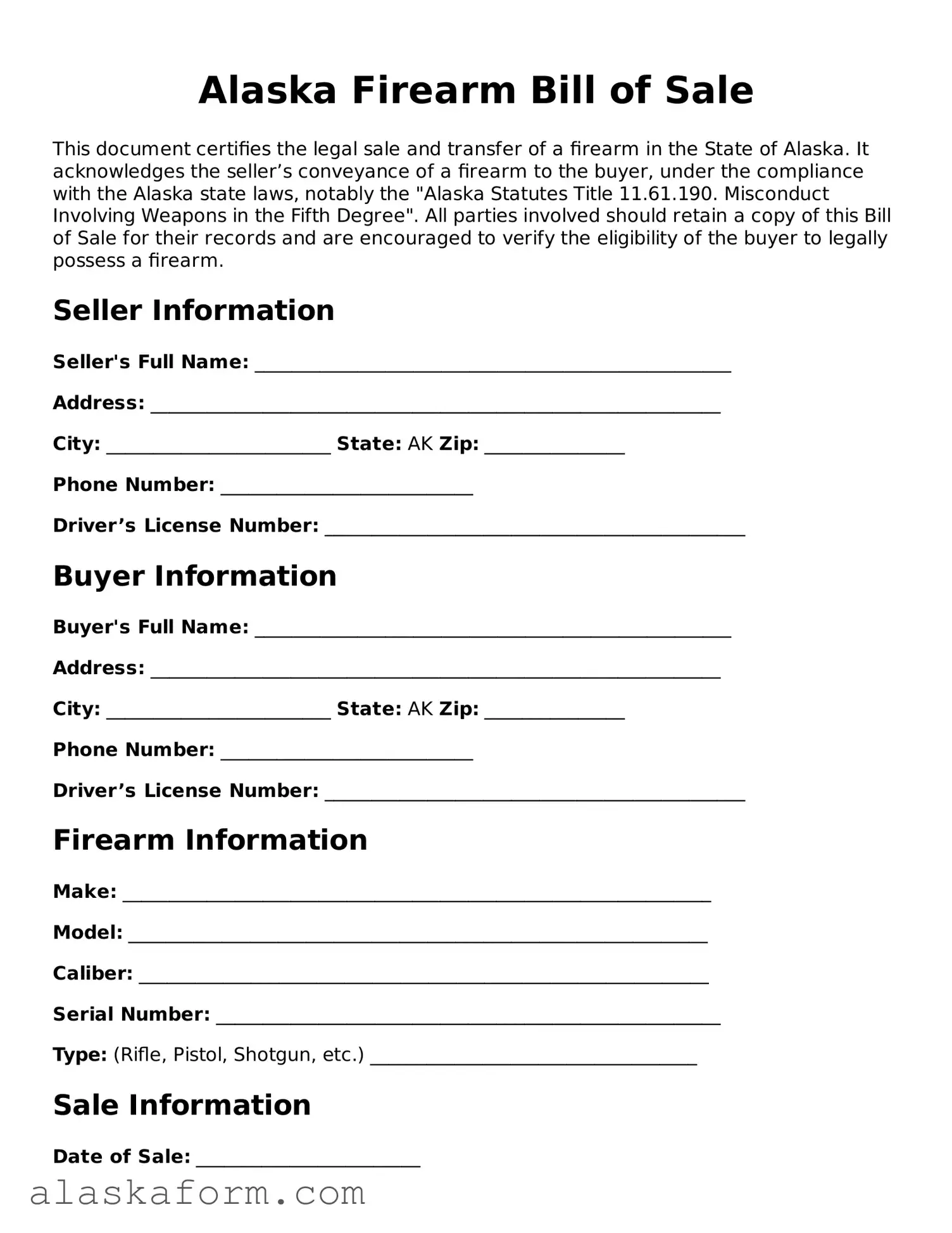 Printable Firearm Bill of Sale Document for Alaska State