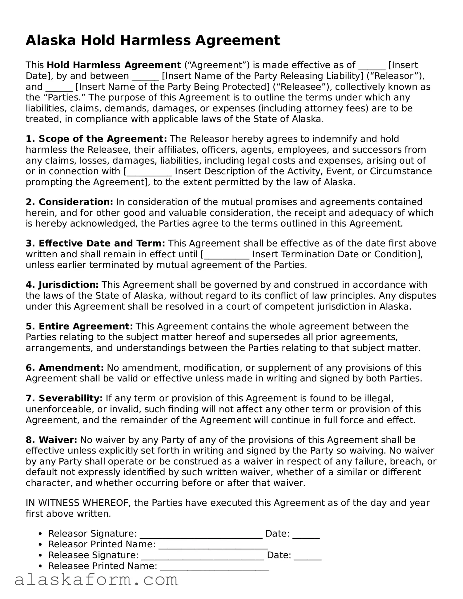 Printable Hold Harmless Agreement Document for Alaska State