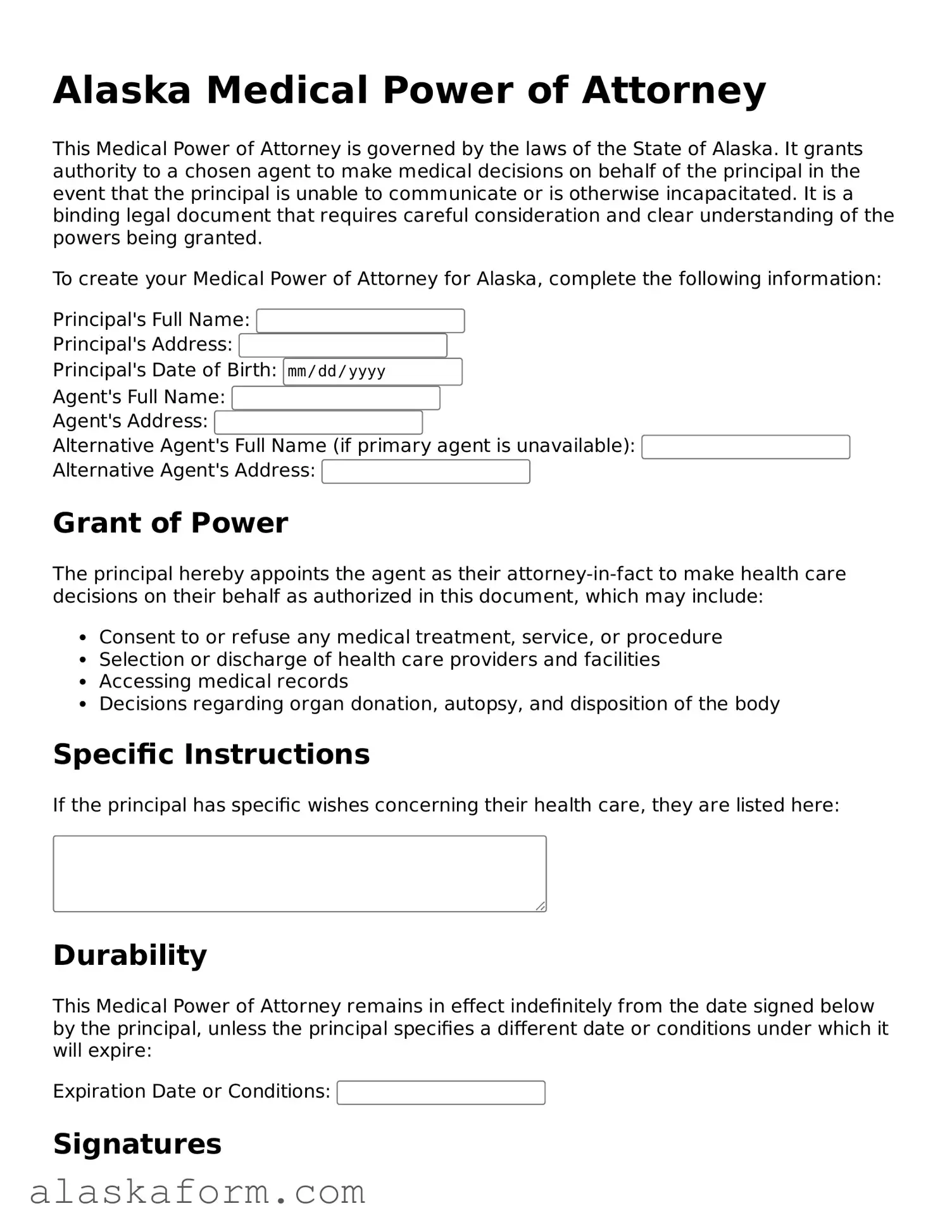 Printable Medical Power of Attorney Document for Alaska State