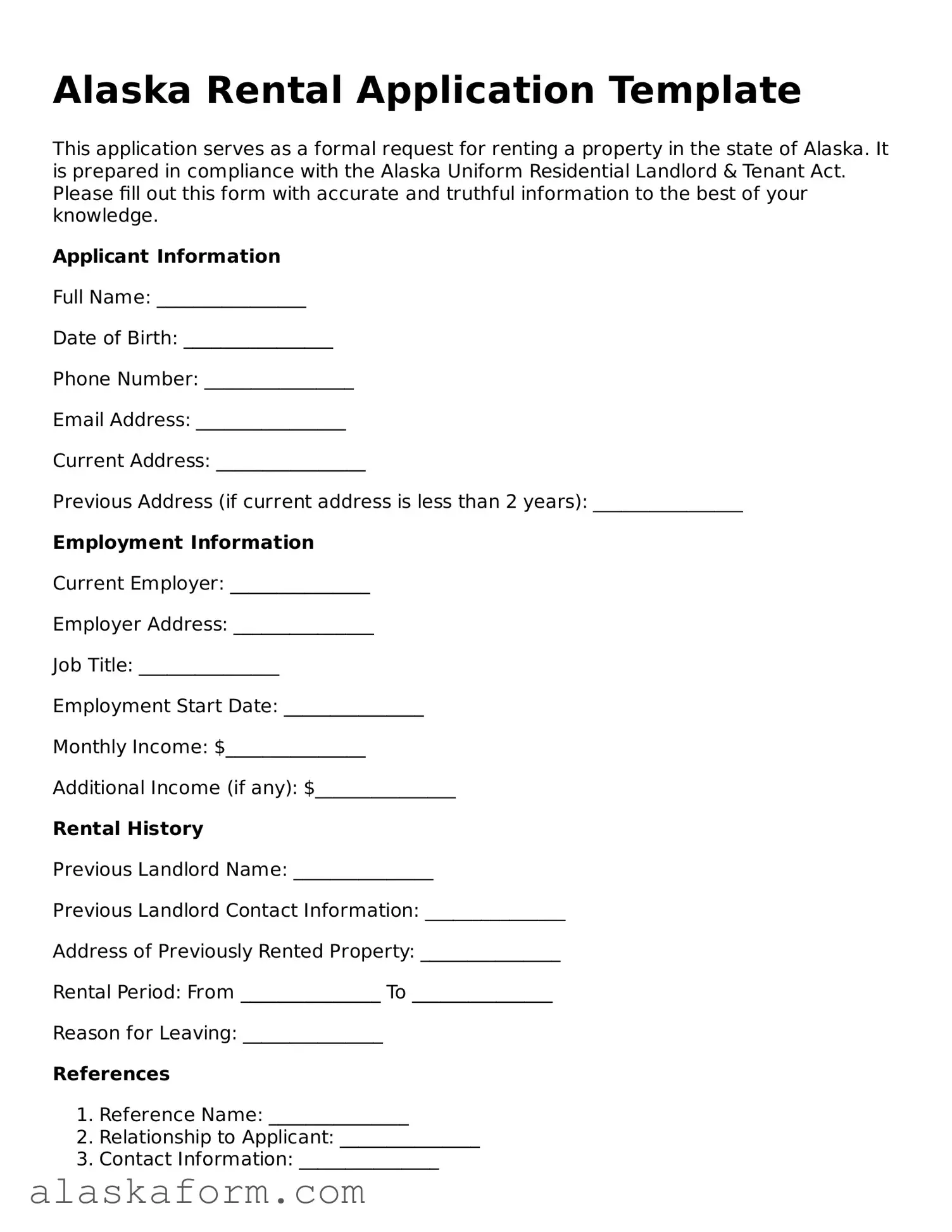 Printable Rental Application Document for Alaska State