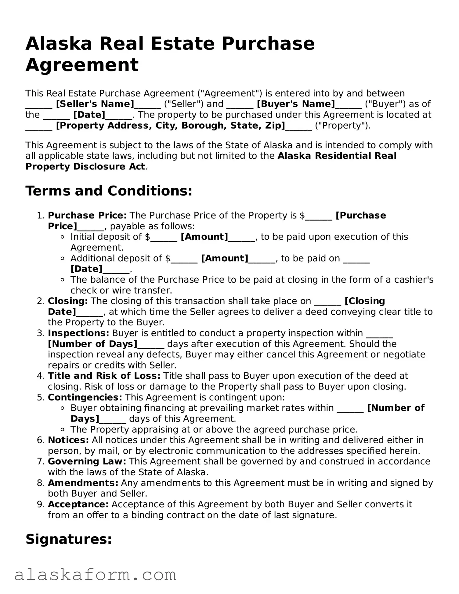 Printable Real Estate Purchase Agreement Document for Alaska State