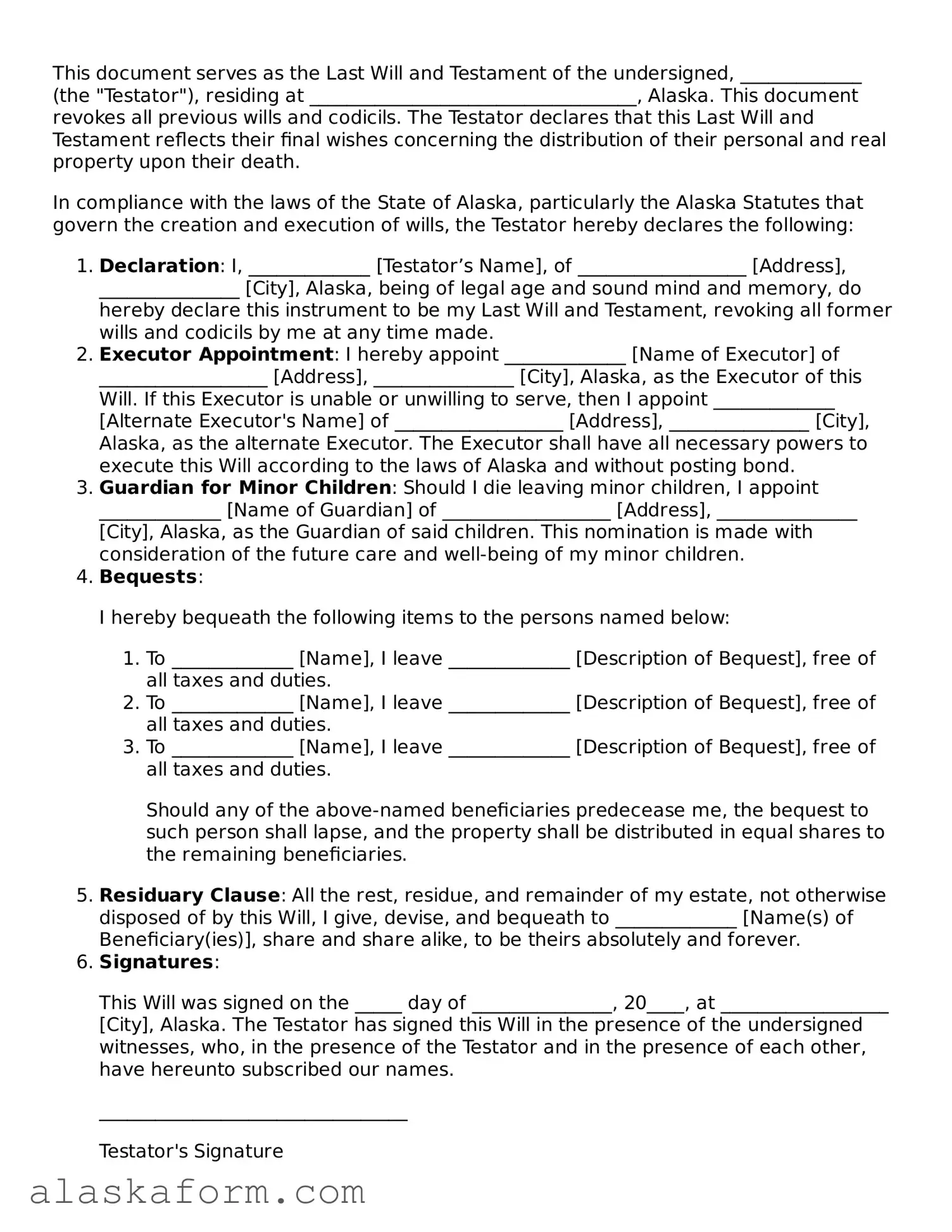 Printable Last Will and Testament Document for Alaska State