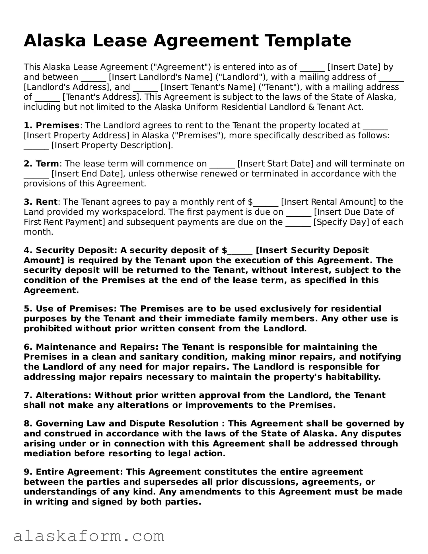 Printable Lease Agreement Document for Alaska State