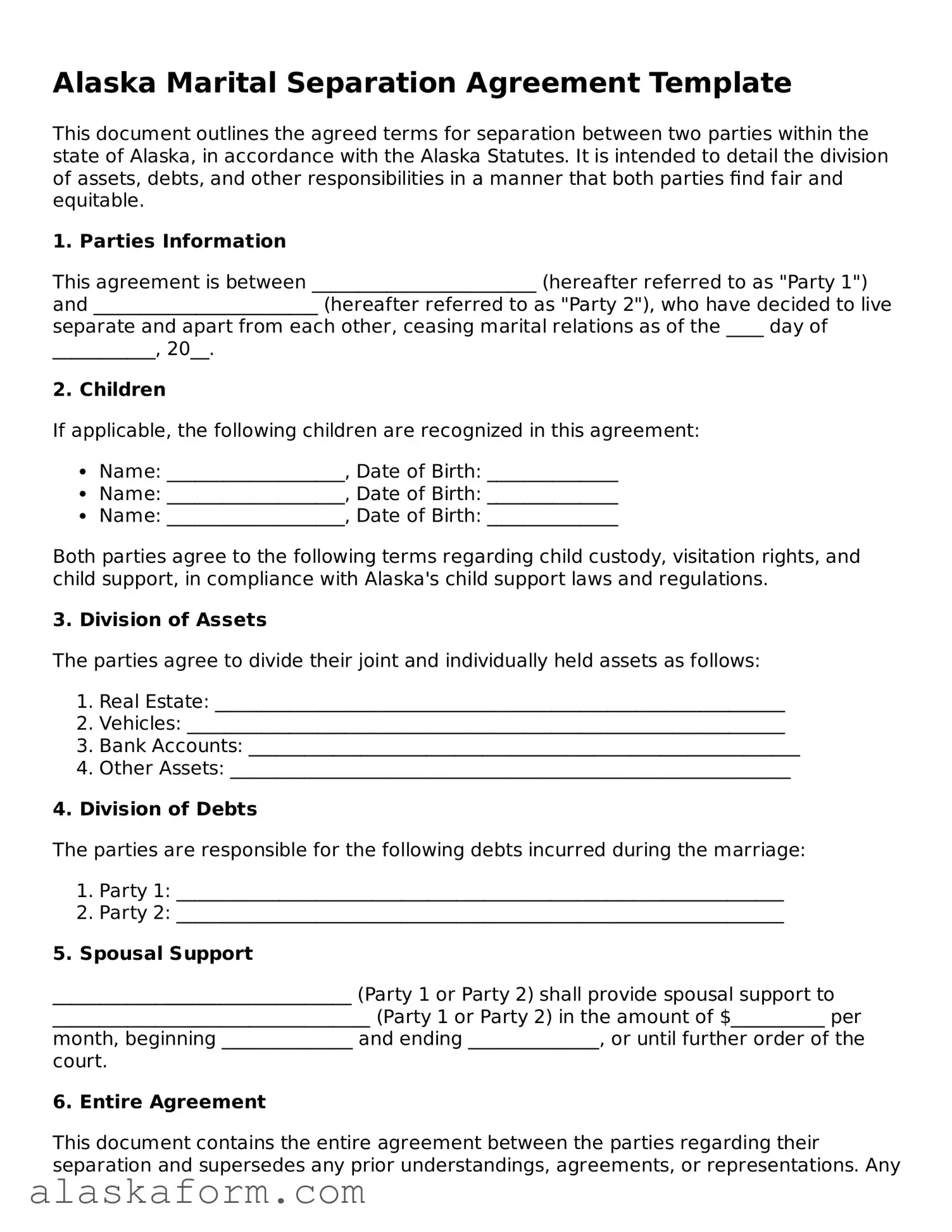 Printable Marital Separation Agreement Document for Alaska State