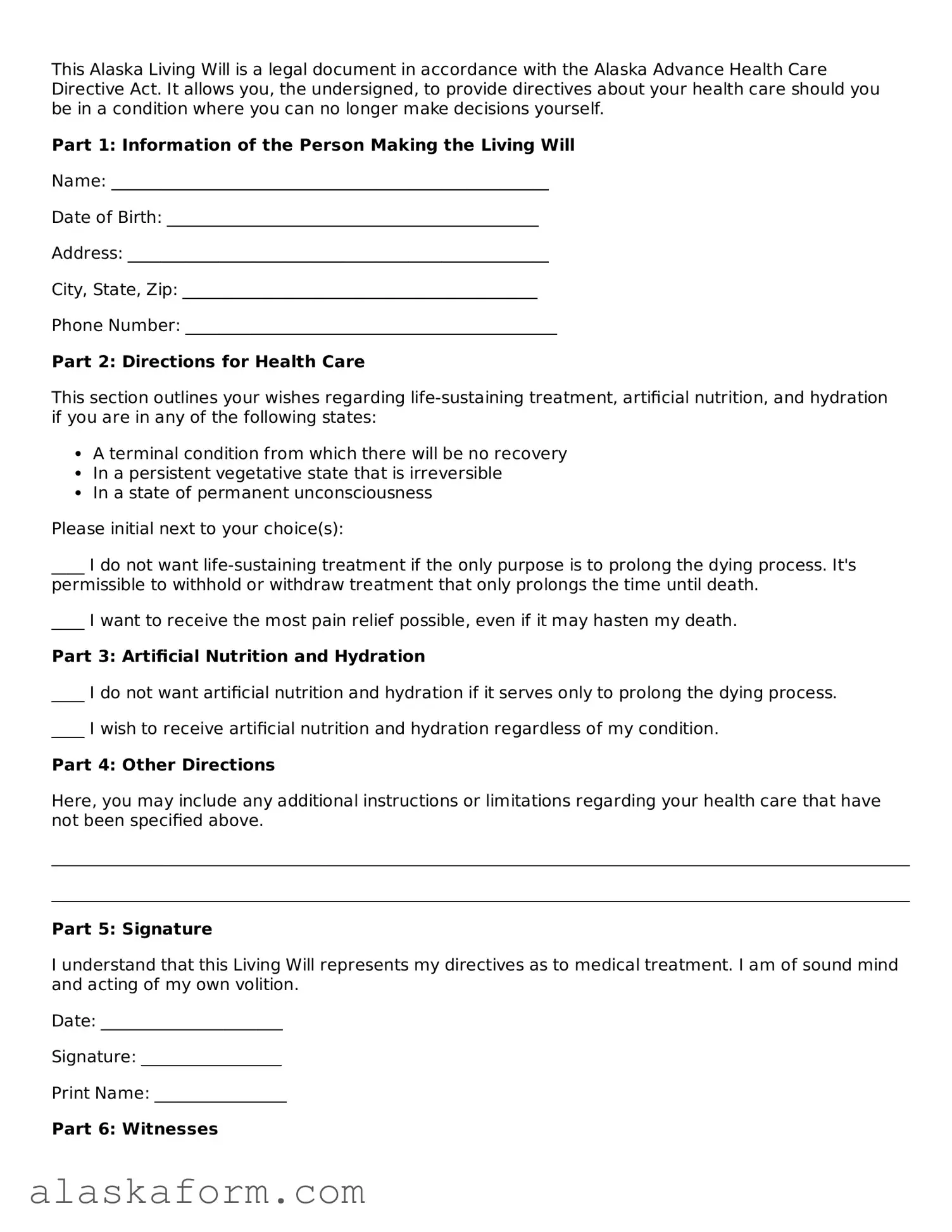 Printable Living Will Document for Alaska State