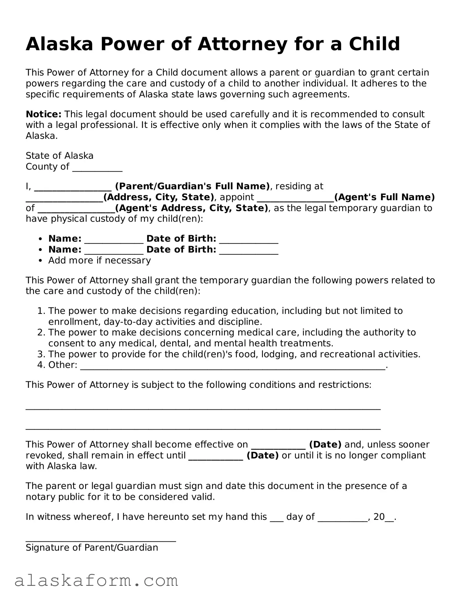 Printable Power of Attorney for a Child Document for Alaska State