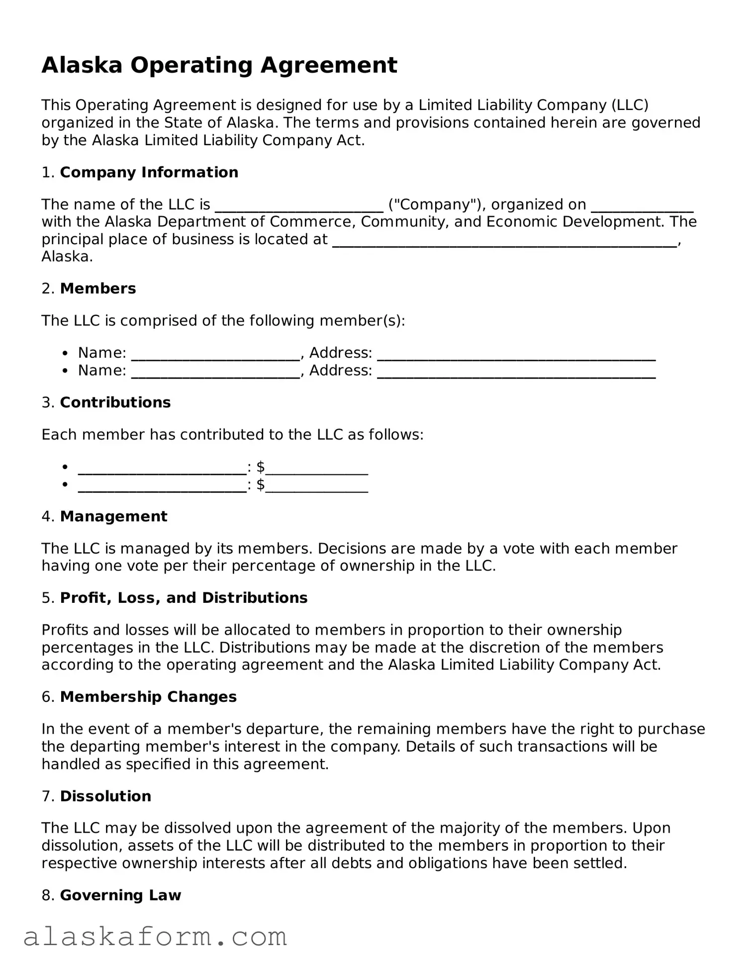 Printable Operating Agreement Document for Alaska State