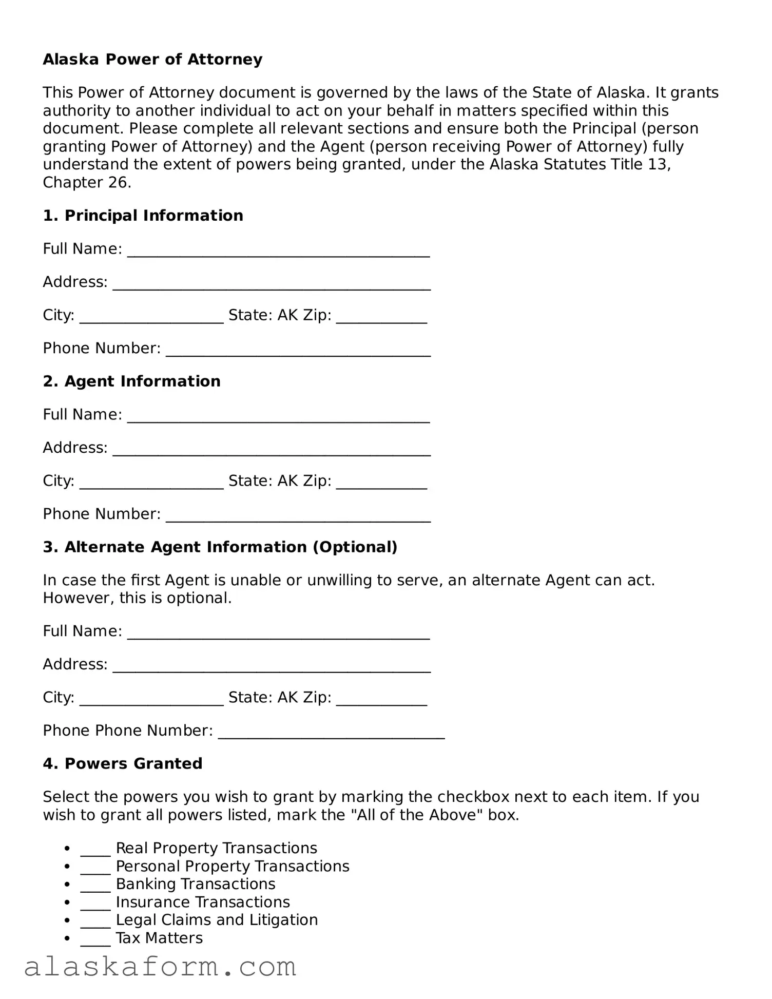 Printable Power of Attorney Document for Alaska State
