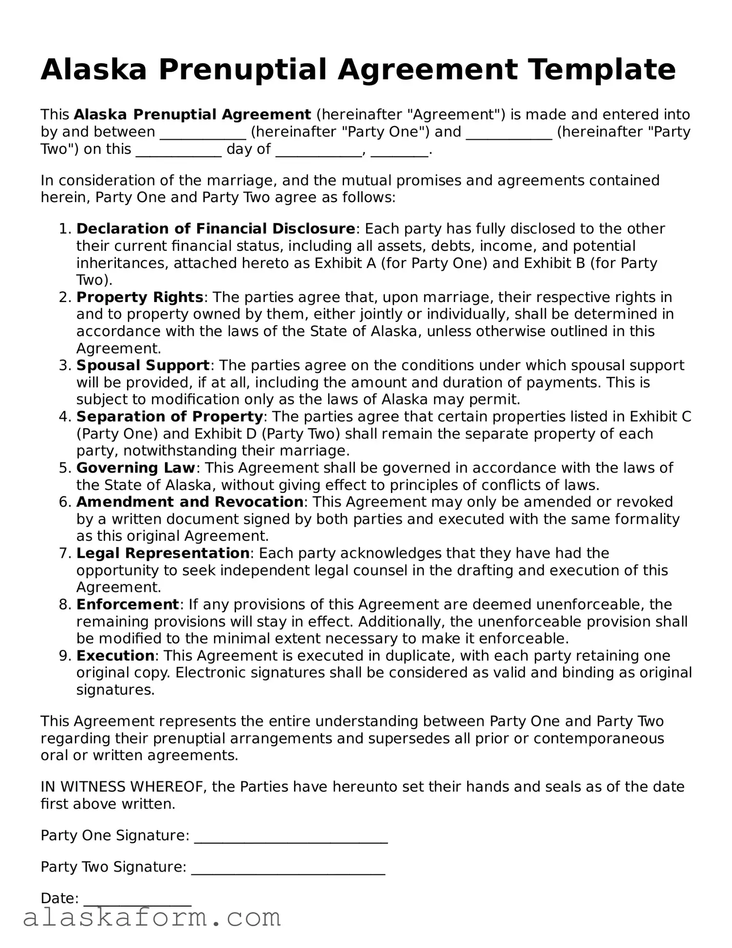 Printable Prenuptial Agreement Document for Alaska State