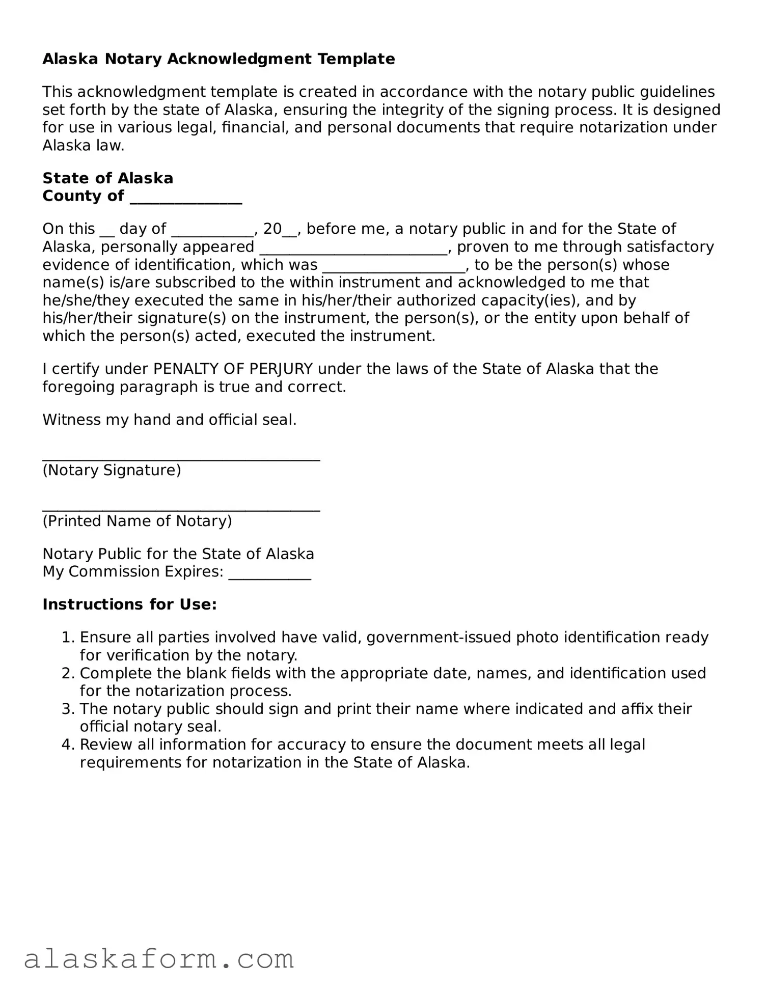 Printable Notary Acknowledgement Document for Alaska State