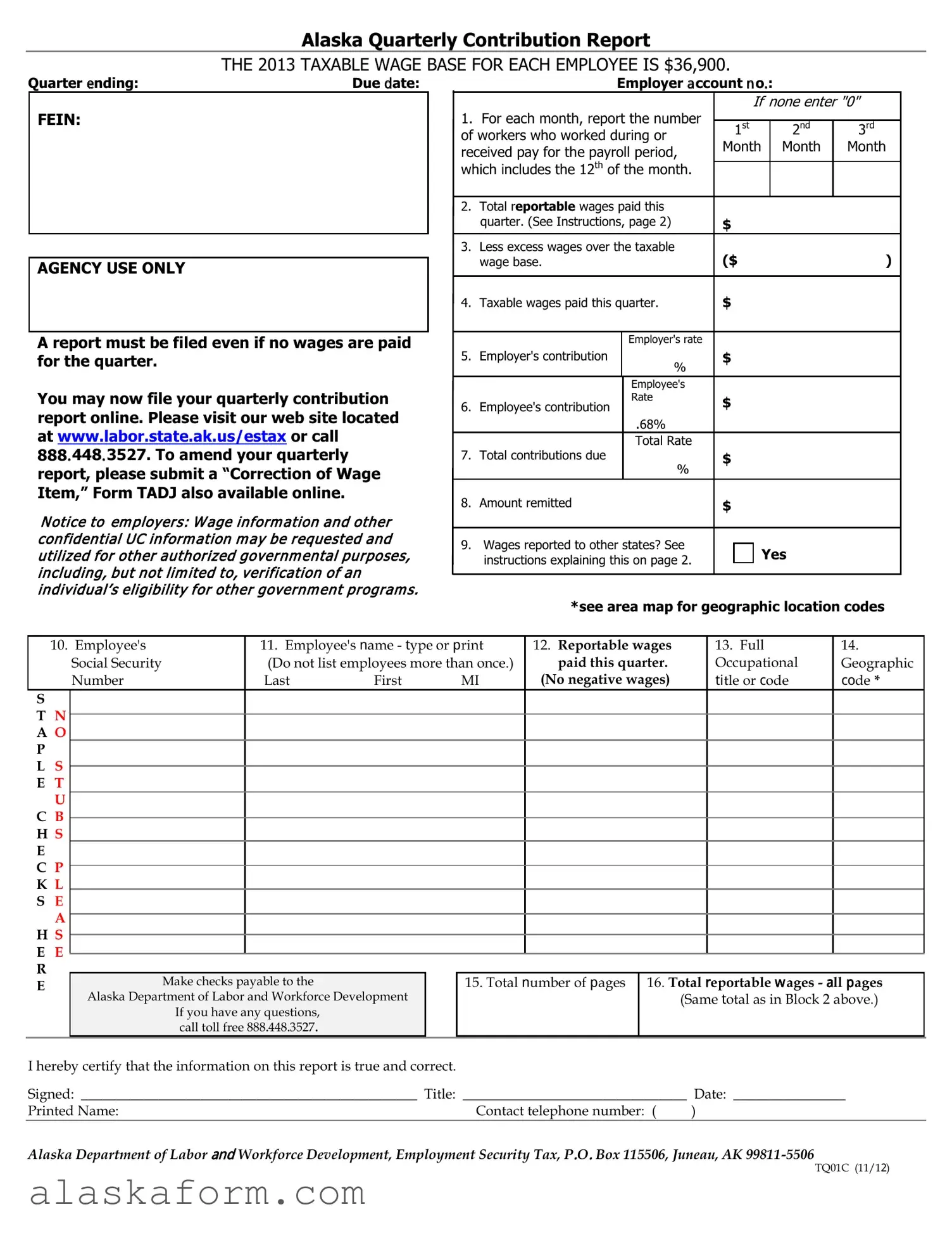 Fill in a Valid Alaska Quarterly Contribution Report Template
