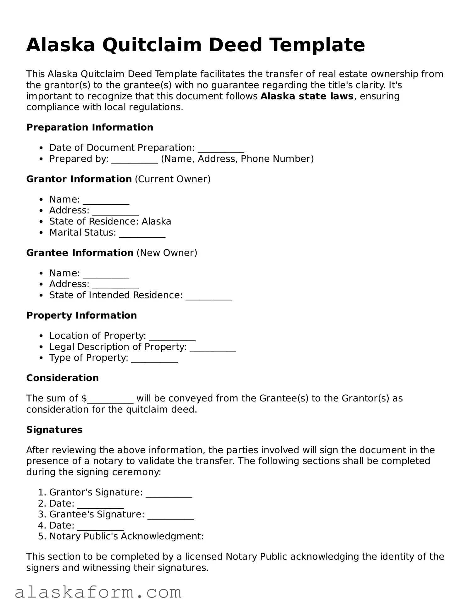 Printable Quitclaim Deed Document for Alaska State