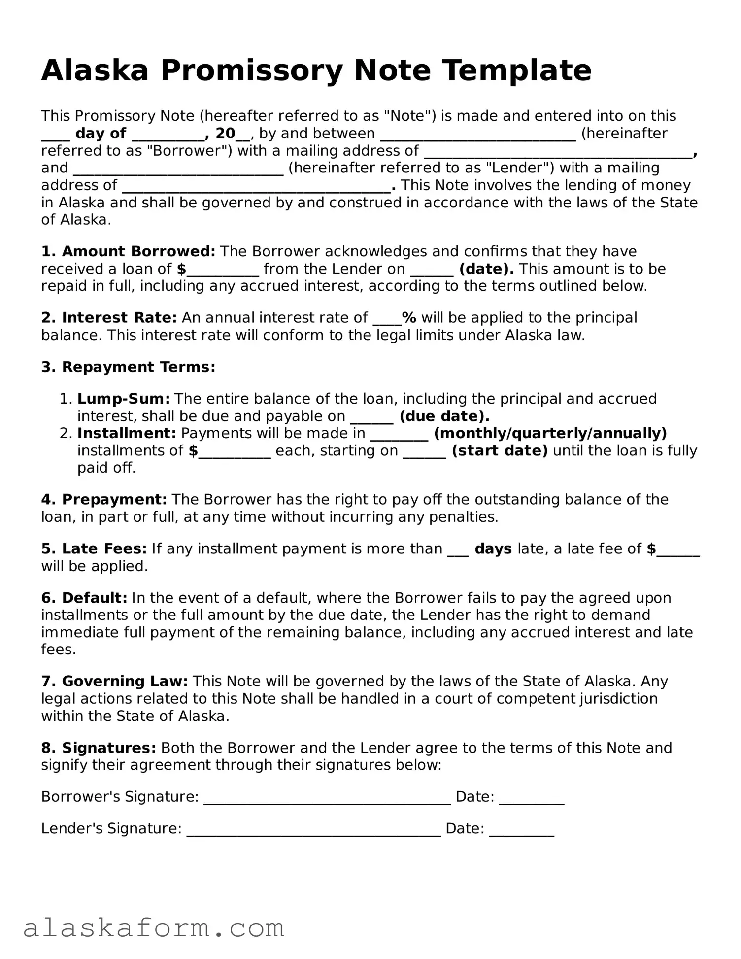 Printable Promissory Note Document for Alaska State