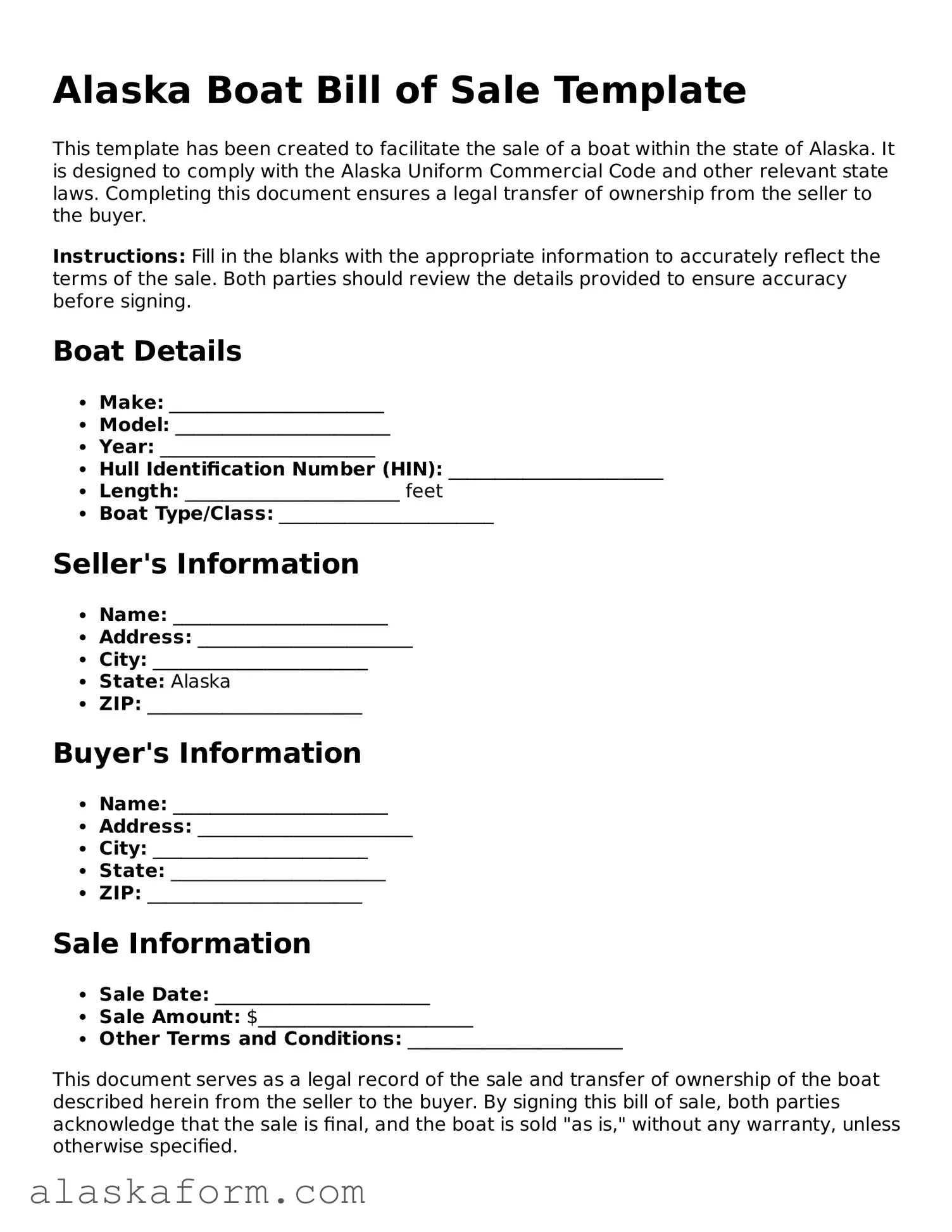 Printable Boat Bill of Sale Document for Alaska State