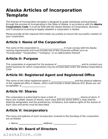Printable Articles of Incorporation Document for Alaska State