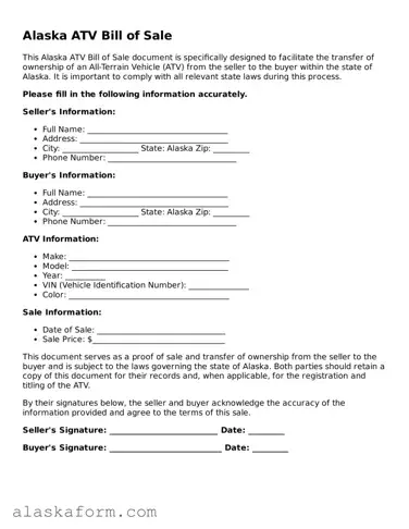Printable ATV Bill of Sale Document for Alaska State