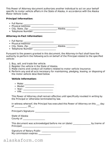 Printable Motor Vehicle Power of Attorney Document for Alaska State