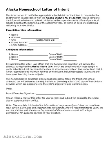Printable Homeschool Letter of Intent Document for Alaska State