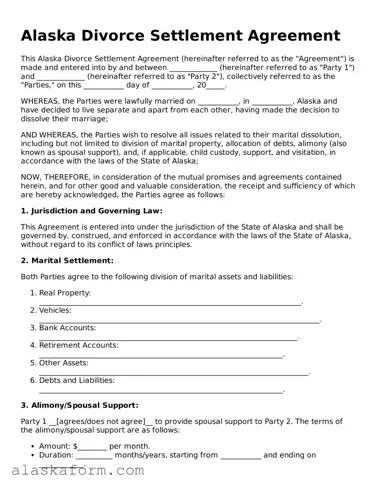 Printable Divorce Settlement Agreement Document for Alaska State